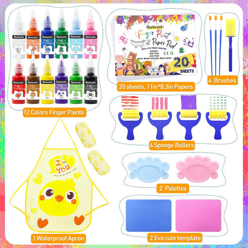 MuseLuxe 45PCS Kit,12 Kids Washable Finger Paint Colors Non Toxic Finger Paints,Art Painting Supplies for Toddlers