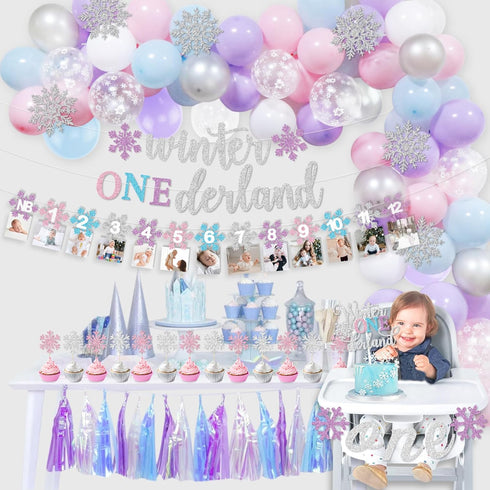1st Winter Onederland Birthday Decorations Girl, Winter Onederland Banner, Snowflake Photo Garland Highchair Banner