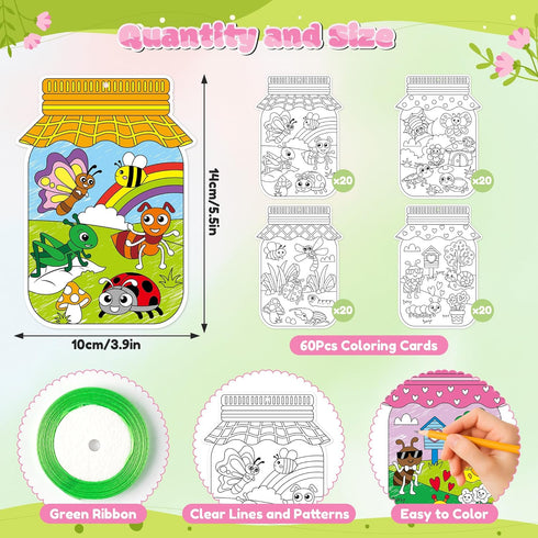 CY2SIDE 80PCS Summer Spring Bugs Jar Coloring Kit - Color Your Own Bug Hanging Ornaments with Ribbon, Spring Insect