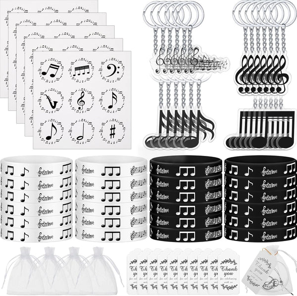 187 Pieces Music Party Favors - Music Notes Silicone Bracelets, Keychains, Stickers, Tags, and Organza Bags