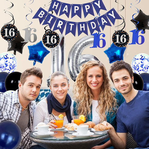 16th Birthday Decorations for Boys and Girls, Dark Blue HAPPY BIRTHDAY Banner, Silver Number 16 Balloons