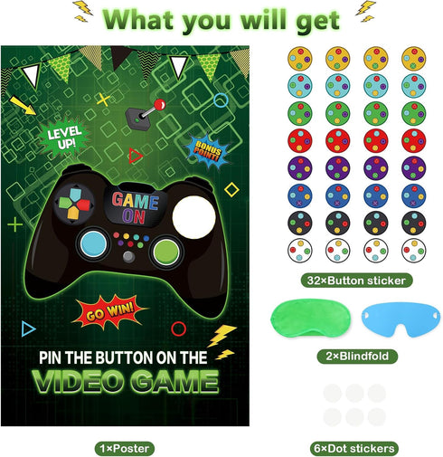 Pin The Button on The Video Game Party Game with 32 Stickers and Large Poster for Kids Birthday Decoration