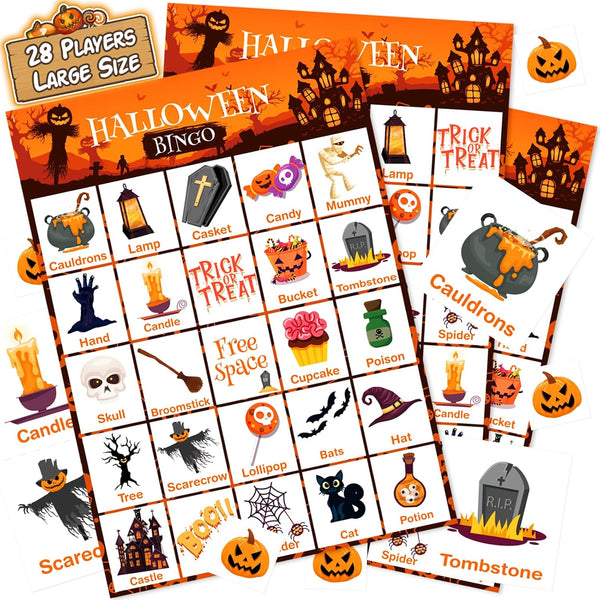 V-Opitos Large Size Halloween Bingo Game Card - 6''×8.5” for 28 Players, Halloween Party Favor
