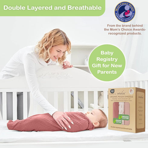 100% 3 Pack 38x40 Inch) Organic Cotton Muslin Baby Blanket - Breathable Swaddle, Hypoallergenic Double-Layer, Versatile