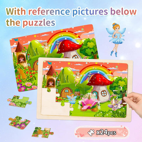 Sticeard 4-6,Unicorn Puzzles,24pcs 3-5,4 Pack 3 4 5 Wooden Puzzles for Kids Ages Princess Mermaid Fairy Kid Puzzles