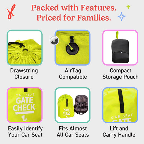 J.L. Childress Gate Check Travel Bag for Car Seats - Car Seat Travel Bag for Airplane, Includes AIRTAG Holder, Fits All