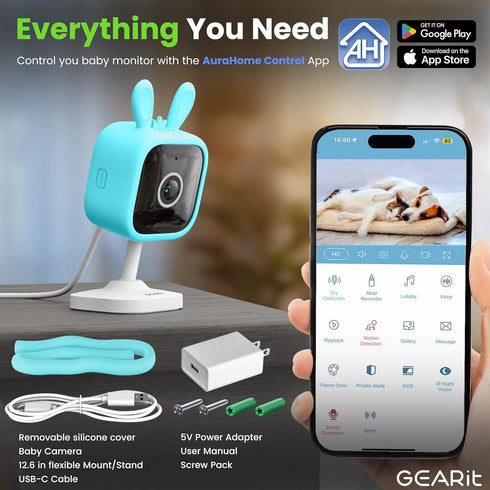 GEARit 2K 2 Setup, Set Baby Monitor with Camera & Audio Video with Motion & Crying Detection, Way Audio Easy WiFi