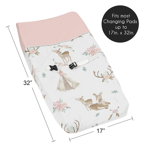 Blush Pink, Mint Green & White Woodland Deer Floral Changing Pad Cover by Sweet Jojo Designs