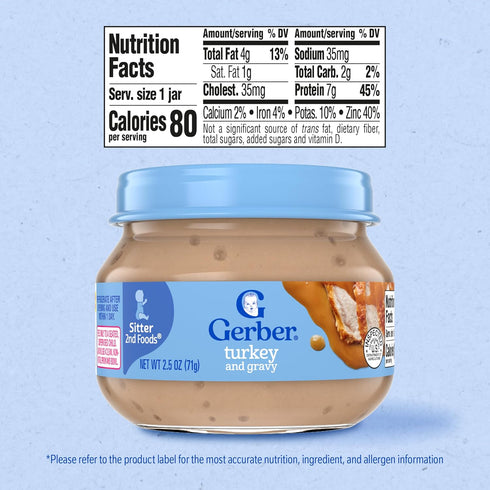 2 10-Pack Gerber Stage Baby Food, Turkey and Gravy Jar, Baby Food Poultry Puree, Baby Mealtime, Baby Puree Jars Glass
