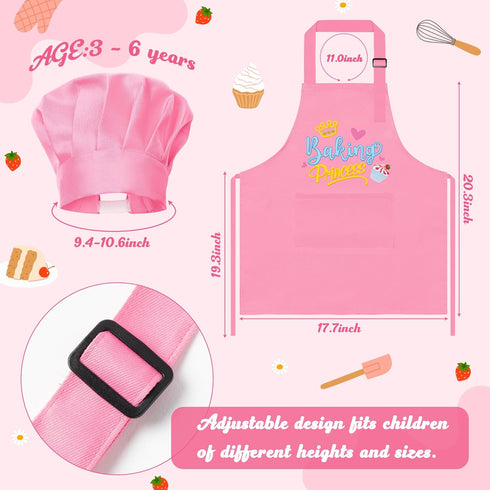 Set 2Pcs R HORSE Kid Apron and Chef Hat - Pink Baking Princess Adjustable Children Kitchen Toddler Apron for Girls