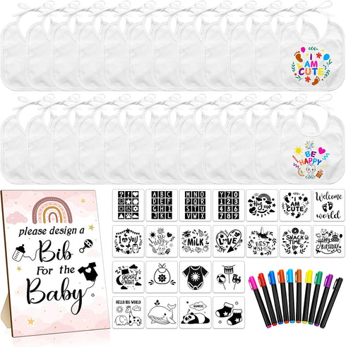 55 Pcs DIY Baby Bibs Set Includes 22 White Feeder Bibs, 22 Stencils, 10 Fabric Markers, 1 Wooden Baby Shower Game Sign