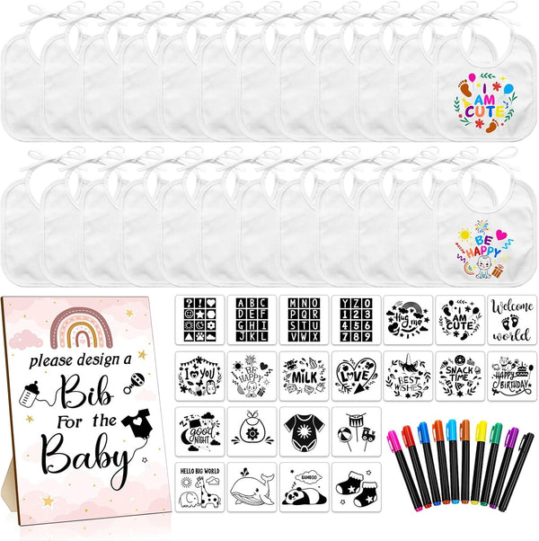 55 Pcs DIY Baby Bibs Set Includes 22 White Feeder Bibs, 22 Stencils, 10 Fabric Markers, 1 Wooden Baby Shower Game Sign