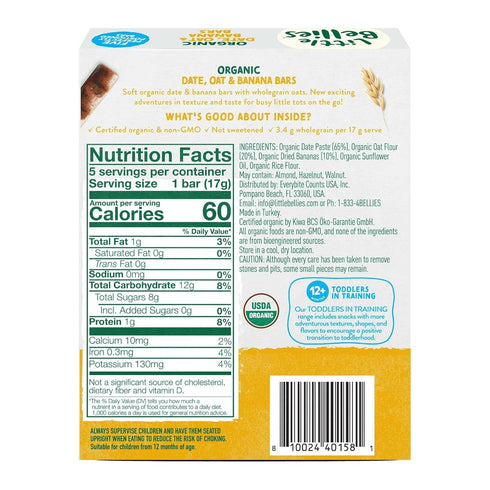 12+ 3 oz (5 Pack 6 Little Bellies Organic Date, Oat & Banana Bars for Toddlers Months, Bars)