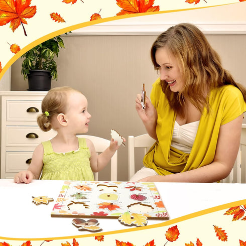 Leaf Wooden Jigsaw Puzzles with Knobs, Educational Learning Stem Toys, Thanksgiving Montessori Puzzle for Preschool