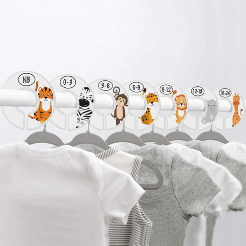 Baby Closet Size Dividers - 7X Safari Nursery Closet Dividers for Baby Clothes - Elephant Giraffe Zebra Lion Monkey