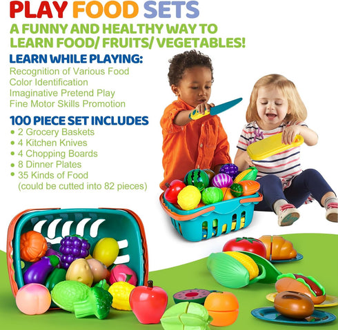 100 PCS Cutting Play Food Toy for Kids Kitchen, Pretend Food Toys with Baskets, Birthday Gifts for Ages 3-5
