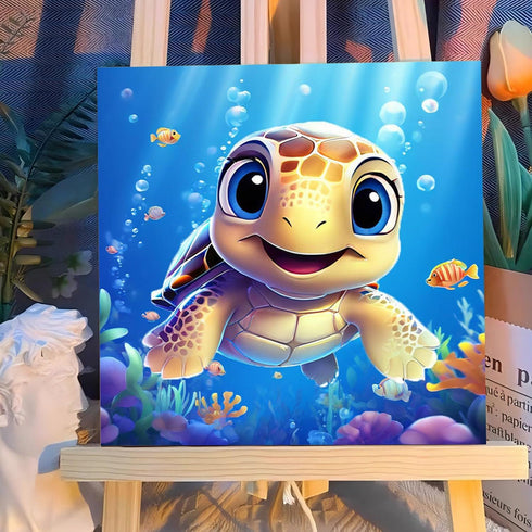 6-8-12, (8X8inch) Reivworl Paint by Numbers Kit for Kids with Frame and Easel, Sea Turtles Paint by Number for Kids Age
