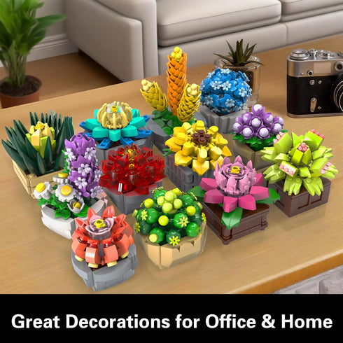 Sets, 12 (1174 Flowers Succulents Building Tiny Plants, Office Home Decor Botanical Collection Building Block Toy