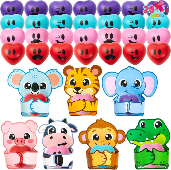 JOYIN 28 PCS Valentine Animal Cards with Heart Stress Ball, Heart Shape