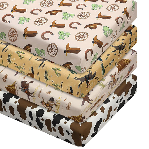 VitalCozy 4 Pcs Western Cowboy Crib Sheet Set Newborn Bedding Nursery Baby