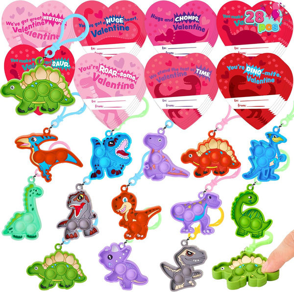 JOYIN 28 Packs Valentine's Day Gift Cards with Pop Fidget Keychain Toys,