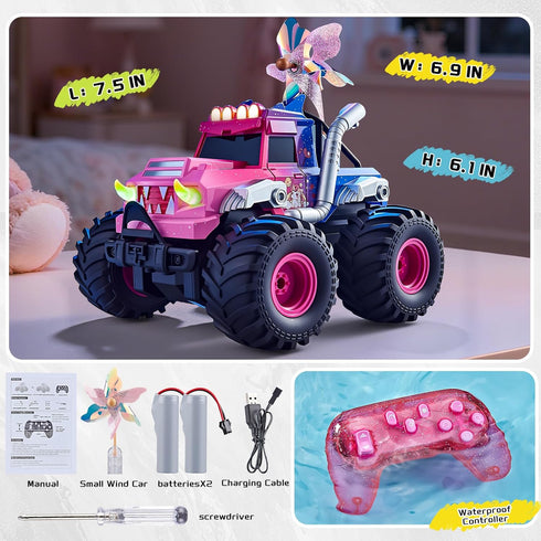 YEESWOOQI 360Spin, 1:18 4WD 3-12 Remote Control Car for Girls, Waterproof Pink Monster Truck Toys W/Blocks & Amphibious