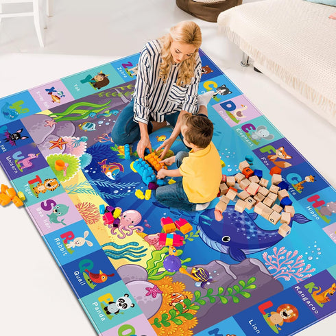 Tummy (59X39.4 INCH) Baby Mat for Floor-Underwater World Play Rug, ABC Kids Rugs for Playroom, Ocean Playmat Crawling