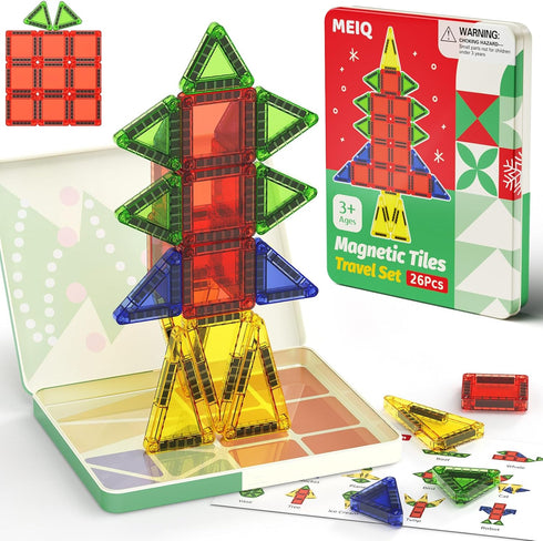 26 3-5+, Travel Magnetic Tiles for Kids, PCs Mini Magnetic Building Blocks with Festive Iron Storage Box, STEM Travel