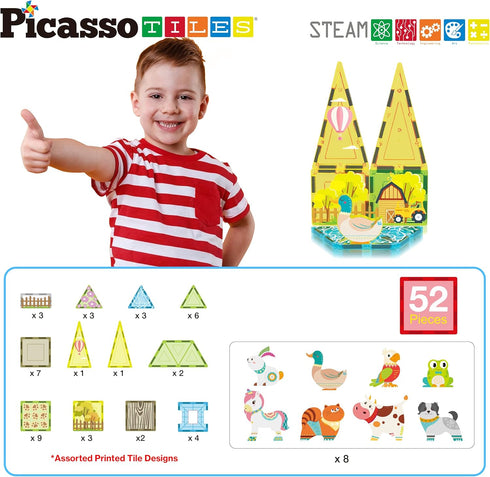 PicassoTiles 8 Character Farm Animal Toy Set with Magnetic Tiles, STEM Learning Kit for Kids Age 3+ PTQ17