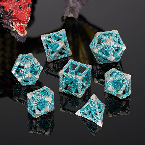 D&D Hollow Metal Blue White Dragons Polyhedral Dice Set for Dungeons and Dragons RPG Tabletop Games