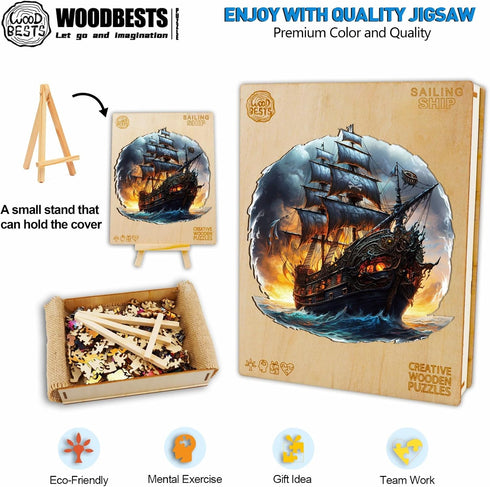 WOODBESTS Wooden Puzzle for Adults, Sailing Ship Puzzle (L, 300pcs, 13.8"x13.6") Unique Shape Jigsaw Puzzles