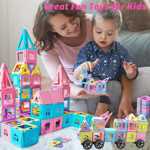 124PCS Magnetic Blocks Toys – Macaron Castle Magnetic Tiles Building Blocks Set for 3-7 Year Olds, STEM Educational