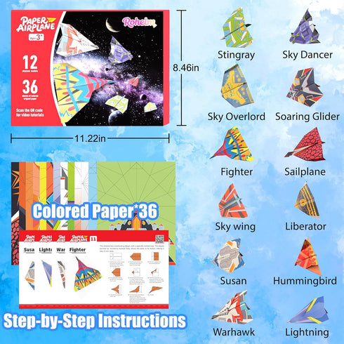 Rohelm 5-8, 12 36 5-12 Paper Airplane Kits, Origami Kit for Kids Ages Classic Origami Designs, Sheets of Colorful