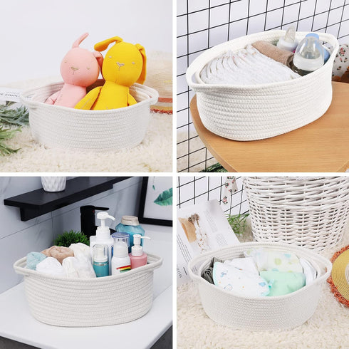 ABenkle Cute Small Woven Basket with Handles, 12"x8"x5" Rope Storage Basket for Cat and Dog Toys, White