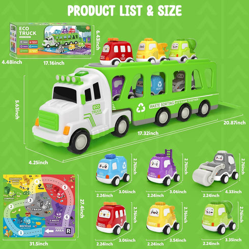 7-in-1 2 3 4 5 17" 6 2-5, Toddler Truck Toys for Year Old Boys - Longer Transport Eco Carrier Truck with Cute Pull Back