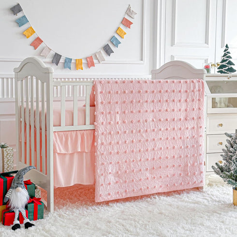 Set 3pc Set Pink Crib Bedding Tufted Dots Jacquard Baby Girls Comforter with Fitted Sheet and Bed Skirt - Cute