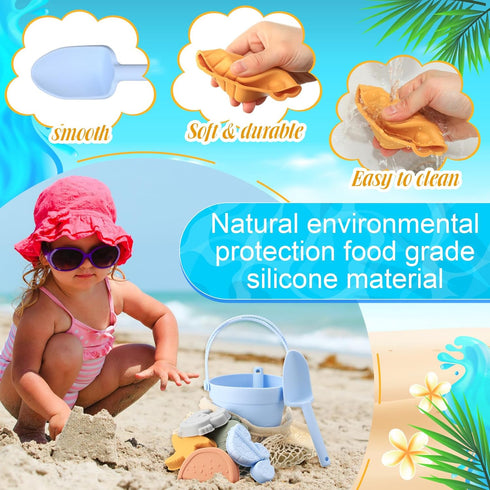 Civaner 15 Pcs Silicone Beach Toys for Baby Girls, Includes Shovel, Rake, Sand Molds, and Pail Set