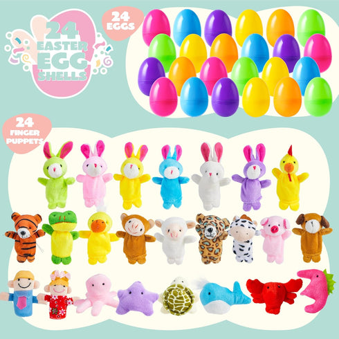 24 JOYIN Pcs Prefilled Easter Eggs with Animal Finger Puppets for Toddlers and Kids, Easter Basket Stuffers, Easter Egg