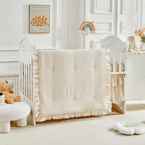 3 Set Pieces Tufted Crib Bedding with Ruffle Fringe, Beige Ruffled Comforter with Fitted Sheet and Bed Skirt , Soft