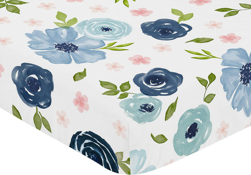 Sweet Jojo Designs Navy Blue and Pink Watercolor Floral Fitted Crib Sheet for Baby or Toddler Bed - Blush, Green, White