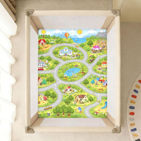 CZXW 52" 28" Cartoon Town Map Crib Sheets Fitted x Natural Cotton Soft & Breathable for Baby Crib Mattress