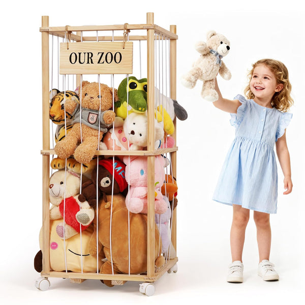 Edudif Stuffed Animal Storage Zoo, Wooden Stuffed Animal Organizer with Removable Wheels