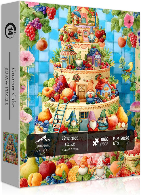 PICKFORU 1000 Funny Gnome Puzzles for Adults Pieces, Cute Gnomes Cake Food Fruit Flower Puzzle, Colorful Floral