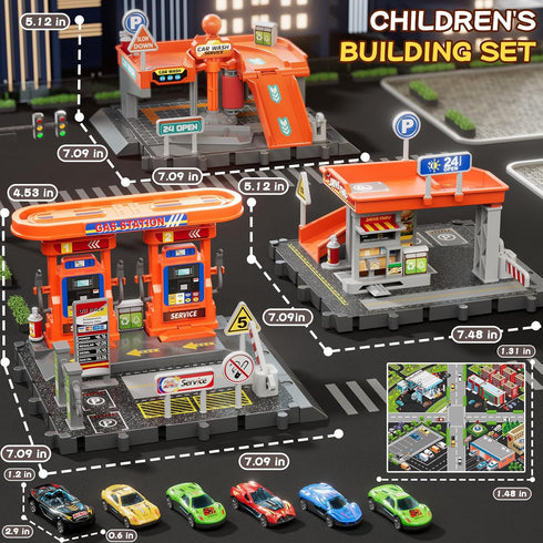 Playsets, 3-in-1 Playset, Playset, 1:64 1-3, Toy Cars Activity Drivers Gasstation, Car Wash, Car Restaurant Scale Toy
