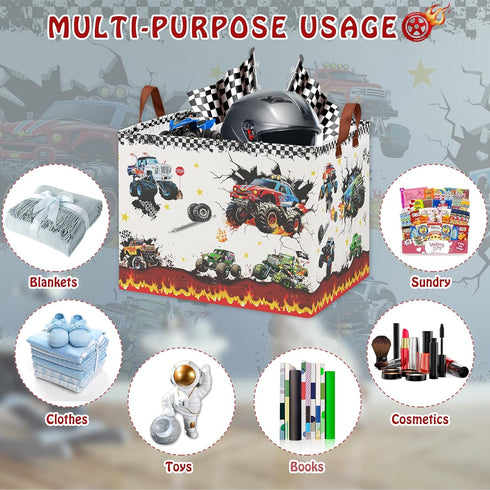 36L Monster Trucks Storage Basket,Collapsible Car Room Decor for Boys ,Waterproof Kids Laundry Hamper, Monster Trucks