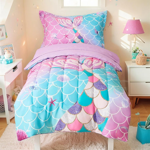 VIVILINEN Toddler Bedding Set for Girls 4-Piece Mermaid Tail Toddler Comforter Sets