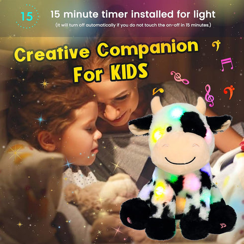 11' Hopearl LED Musical Stuffed Smile Cow Light up Singing Plush Toy Adjustable Volume Lullaby Animated Soothe Birthday
