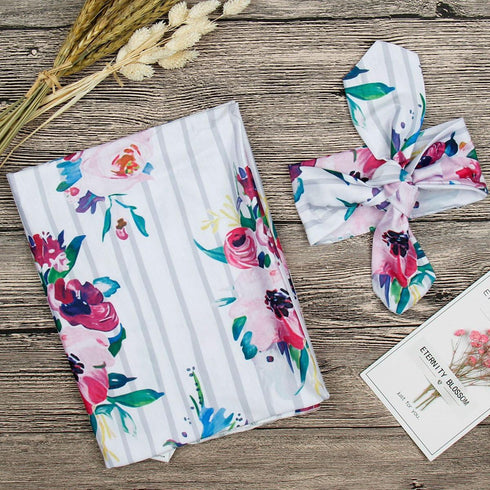 Newborn Girls Receiving Blanket Headband Set, Flower Baby Swaddle Blankets (0-6 Months, Striped)