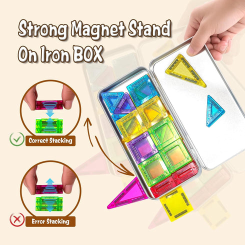 Jollynamy 3-5,Travel -36PCS Mini Magnetic Tiles with Iron Box for Kids Ages Magnet Mini Building Blocks Plane Toys