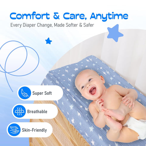 100% (Pack 2) Muslin Changing Pad Cover Ultra Soft, Breathable, Secure Fit, Fade-Resistant Prints for Boys and Girls
